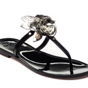 Tory Burch Blossom Jelly T-Strap Sandals size 8. Great condition. Black & silver